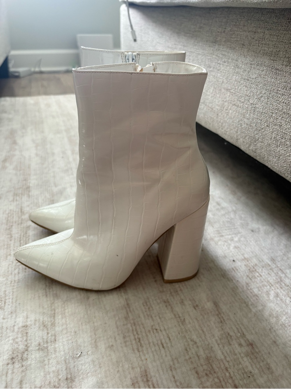 PrettyLittleThing White Croc-Embossed Block Heel Ankle Boots